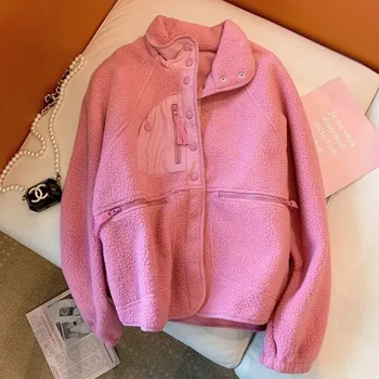 2023 Пурпурно-розово флисовое палто от агнешко месо, дамски пролетно-есенна яке, яке с нов дизайн, модерен и удобен