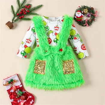 BeQeuewll/ комплекти дрехи от 2 теми за малките момичета, гащеризон с дълги ръкави и принтом Коледа бала, плюшен пола на подтяжках, есенно-пролетно облекло