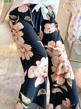 Дамски памучни пижамные Летни панталони широките панталони на Тънки скъсяване на панталони Облекло с цветя от изкуствено памук в японски стил