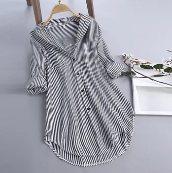 Дамски ризи свободно намаляване с отложным яка и принтом в райета, с дълги ръкави и копчета, прости Женски ризи за почивка, блуза
