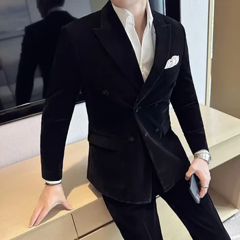 Нов висок Клас (костюм + панталон Мъжки Моден Бизнес Яка С Ревери От два цвята Структурна Тъкан, Двубортный Джентълменско Сватбен Костюм
