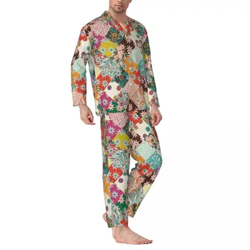 Пижамный комплект в стил мозайка в стил хипи, Ретро Цветен принт, Топла пижама За мъже, Дълъг ръкав, Ретро За отдих и почивка, Домашен костюм от 2 теми, Голям Размер XL 2XL