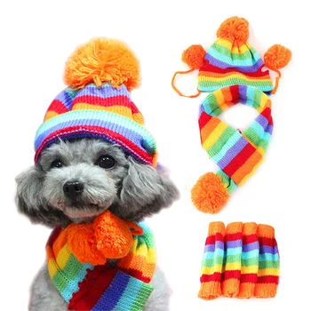 1 комплект (шапка + шал + гамаши) Вязаный шал в розово райе за кучета, шапка, зимни стоки за домашни любимци, топли дрехи и аксесоари за малки кучета