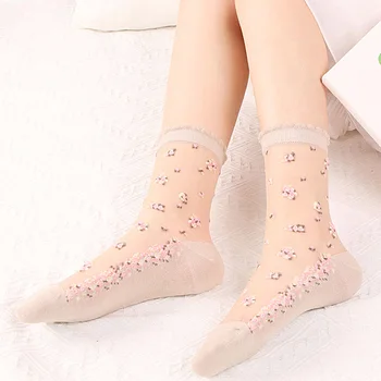 1 Чифт ултра тънки къси чорапи, дишането женски летни дантелен чорапи цветенце, нови прозрачни Кристални