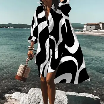 2023 Лятна дамска риза-пола с V-образно деколте и дълъг ръкав, свободни рокли, Дамски ежедневни Нова елегантна мода плажната дамски дрехи