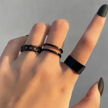 3ШТ Черен пръстен с веригата на палеца, Регулируема бижута Anneaux за мъже и жени, Готически Анилло, Естетични Аксесоари Анел Trend