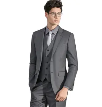 3шт Яке, панталон, елек, сиви мъжки костюми, бизнес костюми, мъжко сако, панталони, облекло за младоженеца-облекло, за да си официална вечеря