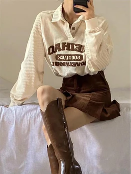 Deeptown 90-те, блузи с бродерия в стил ретро, дамски блузи Harajuku, вельветовые бежово качулки оверсайз, ежедневни блузи с яка поло, реколта