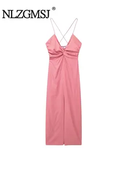 Nlzgmsj ТРАФИКА на Slip Dress Woman Knot Дълги рокли за жените 2023 Секси Плажна рокля Дамска рокля за летните партита Midi