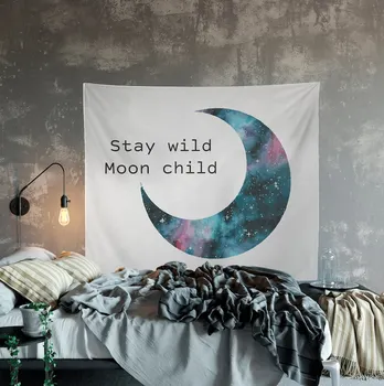 Stay Wild Moon Child, монтиран на стената Готически Гоблен, Черно Готически начало декор Half Moon