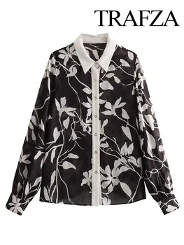TRAFZA, Есенна дамска мода, Реколта прозрачни Черни ризи с принтом, Дамски ежедневни блуза копчета с дълги ръкави, Офис Дамска свободна блуза