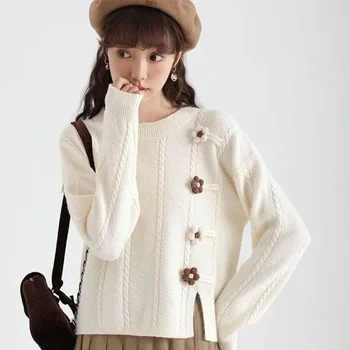 WTEMPO, Женски жилетка с дълъг ръкав, свободен пуловер в японски стил, есенно-пролетния трико с цветен модел, сладки вязаный пуловер с цветен модел.