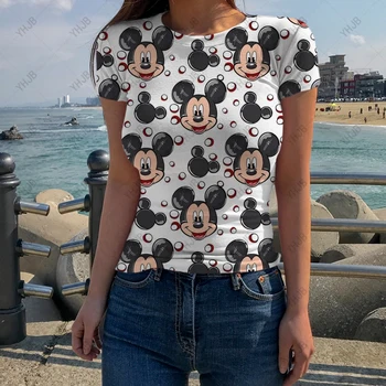 Бохемската тениска Disney с Мики Маус, дамски лятна новост, тениски S-5XL, ежедневни плътно прилепнали тениски с кръгло деколте, дамски блузи