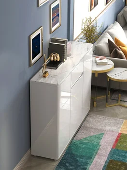 Бюфет: модерна минималистичная дневна, малък светъл луксозен шкаф за съхранение с мраморна повърхност в скандинавски стил