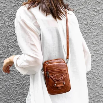 Дамска чанта в стил ретро, мека кожена чанта-месинджър чанта през рамо за мобилен телефон, мултифункционален квадратна чанта за пазаруване, чантата Bolsa