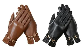 Дамски кожени ръкавици, черни дамски ръкавици от изкуствена кожа, която е чувствителна към докосване на екрана, непромокаеми ръкавици за жени, майки, баби през Зимата
