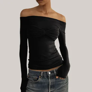Дамски модни тениски с открити рамене и дълъг ръкав, монтиране на еластична топ, однотонная тениска с отворен гръб, мода, ризи, комплекти, дрехи, блузи