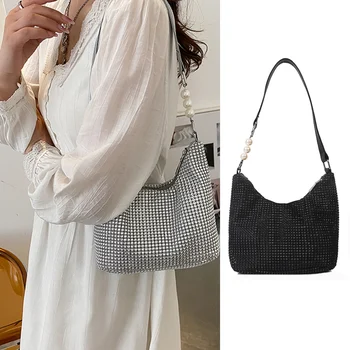 Дамски тенденция чанта през рамо, с модерна луксозна квадратна чанта от изкуствена кожа с кристали и перлената на веригата, чанта през рамо, INS, голяма чанта-месинджър, тоут