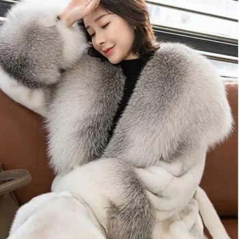 Дамско палто от изкуствена лисьего кожа, козина с норковым яка, по-големи размери, бели, черни, дълги, Зимни, Нови