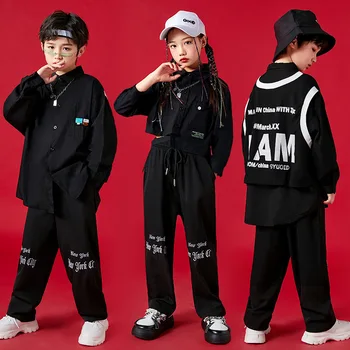 Детски джаз танц костюм Дрехи да се изяви в стил хип-хоп Черни Ризи Панталони, Костюми за момичета И момчета за Модерен панорамен костюм Kpop BL10075