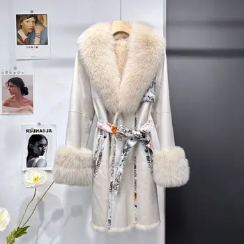 Есенно-зимно палто от заек кожа, едно парче женски яка от лисьего козината е със средна дължина, Темперамент, Мода, Младежки стил 2023