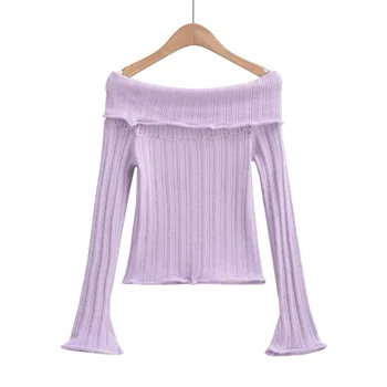Есента нов стил, американски стил Pure Desire, Секси пуловер с ревера на едно рамо, женски обикновен тънък пуловер.