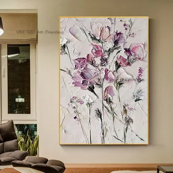 Естетизъм, ръчно рисувани Абстрактни картини с маслени бои с розови цветя Модерна стена за хол Декорация на дома, Естетичен интериор на стаята