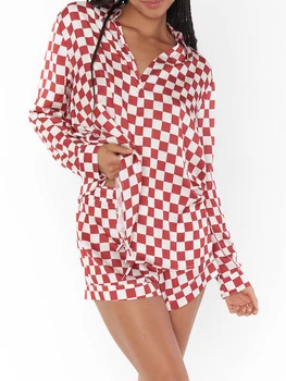 Жена летен комплект дрехи за почивка с принтом в шахматна дъска модел, риза с дълъг ръкав и V-образно деколте, къси панталони с еластичен ластик на талията, пижами от 2 теми