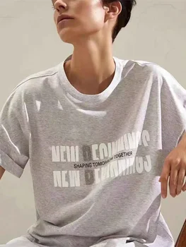 Женска тениска с бродерии, мъниста и писмото принтом, ежедневни летни памучни тениски с кръгло деколте 2023 година