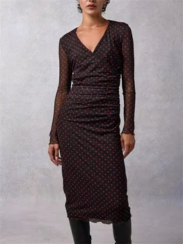 Женствена рокля Midi 2023, ново рокля с V-образно деколте и принтом в грах, обещаващ плиссированный тънък халат casual на средна дължина с дълъг ръкав