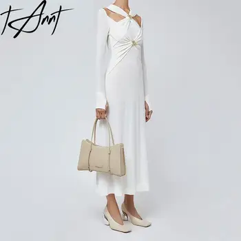 Женствена рокля TANNT 2023 Есен, дизайн с открити рамене, Метален обтегач, вязаное Дълга рокля, ретро дълъг ръкав, тънка рокля с висока талия