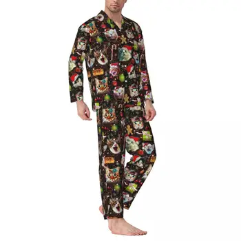 Забавен празничен пижамный комплект с котка, Пролетни Коледни Котки в космическата Галактика, Модни пижами за спални, Мъжки домашен костюм Оверсайз от 2 теми