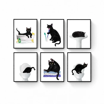 Забавно Сладко Черна котка, баня Стенни отпечатъци върху платно в скандинавски стил, плакати за любителите на котки, подарък картина за декорация на банята и дома
