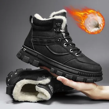 Зимни нови мъжки обувки, Луксозни велурени топли зимни ботуши на платформа Кожени класически улични тактически туристически ежедневни обувки за катерене