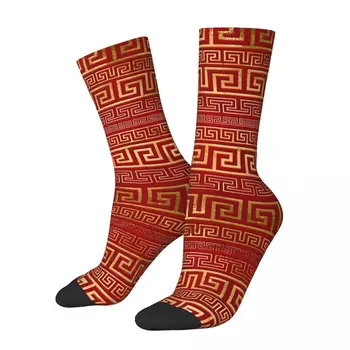 Златен червен орнамент във формата на гръцки ключ, меандър, зимни чорапи унисекс, колоездене Щастливи чорапи, уличен стил, Луд чорап