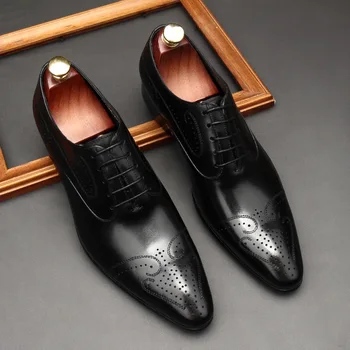 Италия, Мъжки Оксфордские обувки от естествена кожа, кафяви, черни Обувки за бизнес костюм, мъжки и Висококачествени Сватбени мъжки обувки дантела с дърворезба