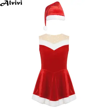 Коледа балетное рокля за по ски за момичета, танцово рокля без ръкави, бански-пакетче с шапка, Коледен Коледен костюм на Дядо Коледа за cosplay