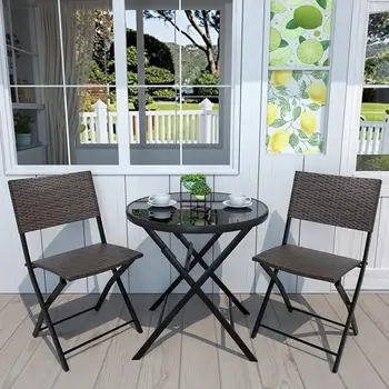 Комплект за бистро NATURAL EXPRESSIONS от 3 теми, Ракита мебели за двор, сгъваема кръгла маса и столове за тераса