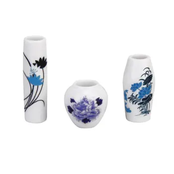 Комплект от 3шт миниатюрни пластмасови вази за цветя във формата на куклена къща ---флорални картини син цвят