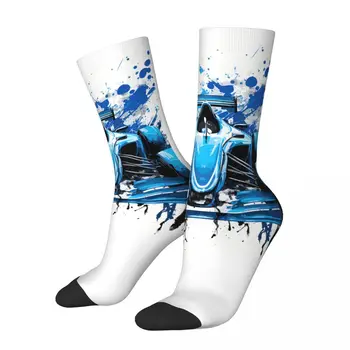 Компресия чорапи Happy Смешни за мъже Синьо в ретро стил Harajuku F1 Formula 1 в стил хип-хоп с оригиналния модел Crew Crazy Sock с подарочным принтом