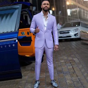 Костюми за мъже Светло лилаво, Однобортный кърпичка с ревери, 2 бр (Сако + панталон Сватбен комплект с жакетом Luxury Slim Fit 2023 Costume Homme