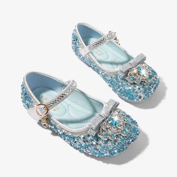Луксозни вечерни обувки за момичета, Елегантни детски кожени обувки на принцесата с кристали, Модни детски сватбени балет апартаменти в плоска подметка