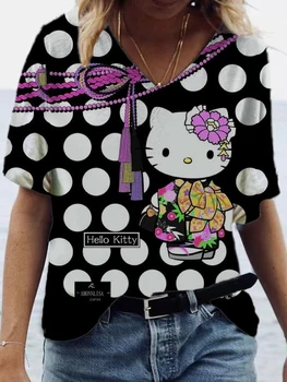 Лятна дамска тениска Кити, ежедневни тениски с V-образно деколте и къс ръкав, свободна модни и ежедневни градинска тениска с V-образно деколте.