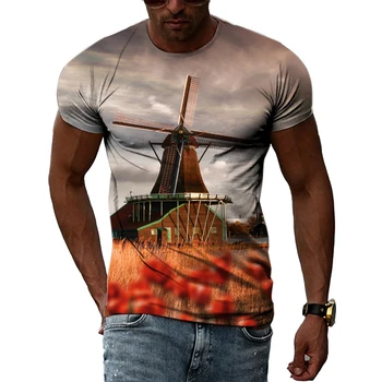 Лятна творческа Готина тениска с изображение на Вятърна мелница, Модни мъжки Ежедневни тениски с 3D принтом в стил Хип-хоп, Универсален Топ с кръгло деколте