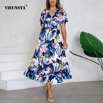 Лятно дамско приталенное темпераментное рокля 2023 модерен уличен стил, елегантни рокли със средна дължина, с V-образно деколте и дълъг разпокъсани принтом