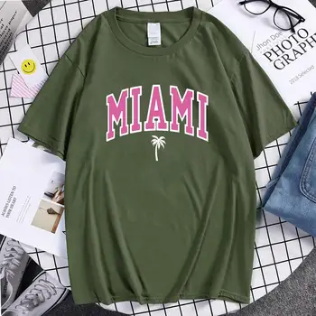Маями Бийч Висококачествена тениска с принтом, свободни улични тениски, мъжки памучни ризи в стил хип-хоп с къси ръкави, реколта памучни тениски за мъже