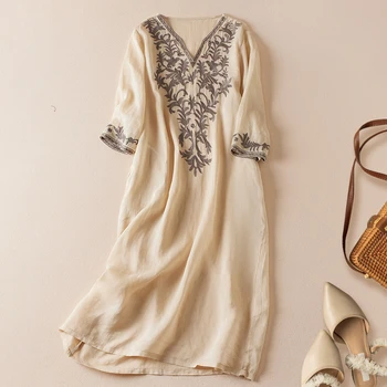 Модерни дневни женствена рокля с къс ръкав и бродерии от памук и лен в ретро стил с V-образно деколте 2023, лятно ново свободно однотонное рокля
