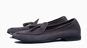 Модни лоферы от естествена кожа с пискюли, дишаща ежедневни обувки без закопчалка, Обувки за шофиране с кръгло бомбе, мъжки обувки в английски стил