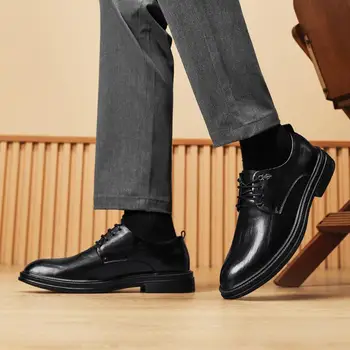 Мъжки кожени обувки, бизнес официалната дрехи, кафяви обувки Martin от мека кожа в британския стил, обувки за булката, мъжки обувки за момчета в ретро стил