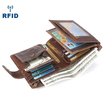 Мъжки портфейл RFID с няколко карти, ретро кожена кесия за монети с голям капацитет, по-кратък чантата за мъже